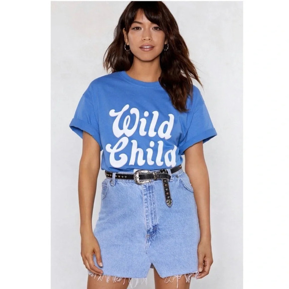 Nasty Gal NWT Bright Blue Wild Child Short Sleeve Graphic Tee Small Women’s - Picture 1 of 10